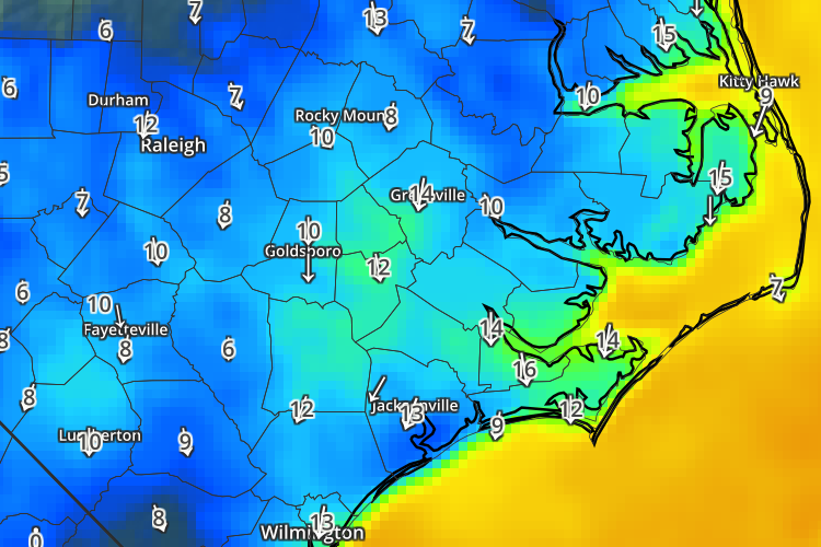 Current wind speed and direction across Eastern North Carolina