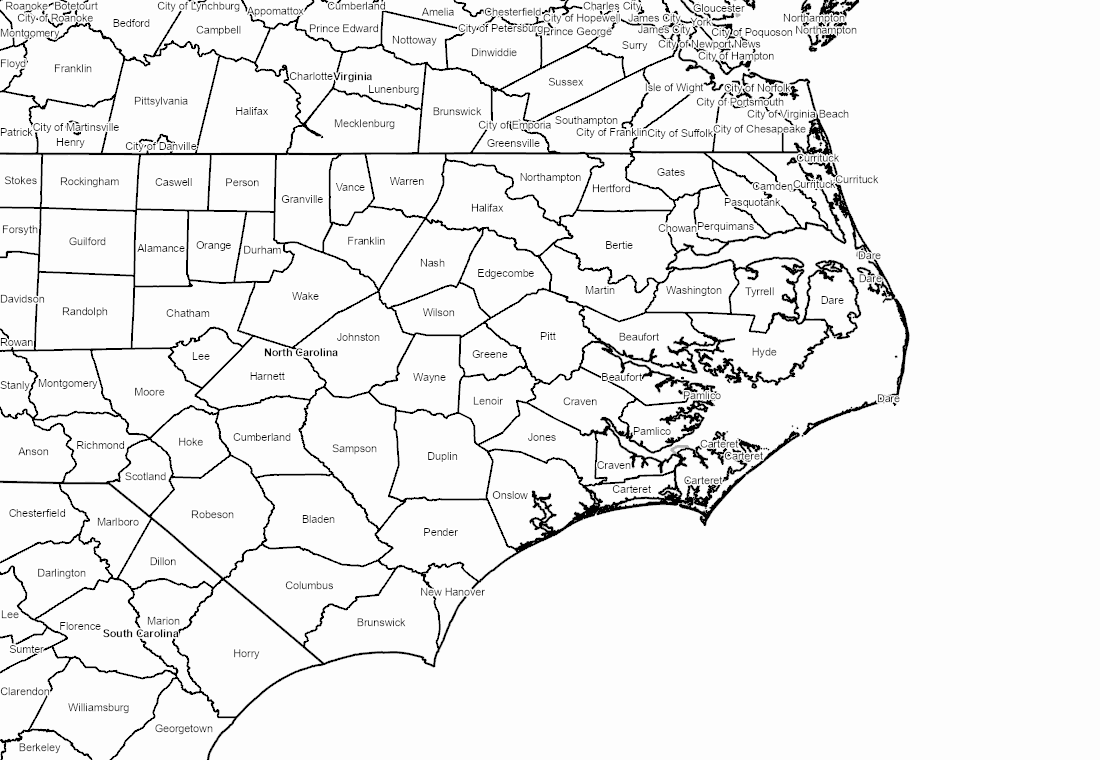 Eastern North Carolina county map